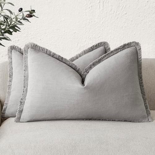 Foindtower Boho Linen Fringe Lumbar Throw Pillow Covers 12×20 Light Gray by Foindtower