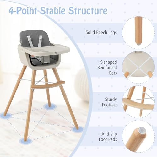 BABY JOY Baby High Chair, 3-in-1 Convertible Wooden Highchair - Image 5