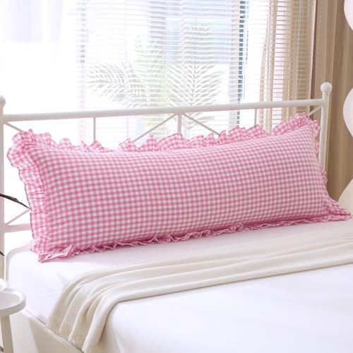 Pink White Gingham Ruffle Body Pillow Cover 20"x54" by KMASANIJI