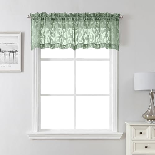 Lecloud Leia Sage Green Sheer Curtains 16 Inch Length 2 Pcs, Jacquard Leaf by Lecloud