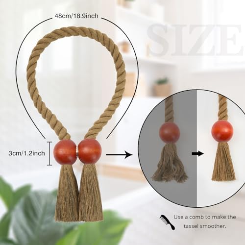 NICEEC 4 Pack Wooden Ball Magnetic Curtain Tiebacks Boho Home Decor Drape Tie - Image 4