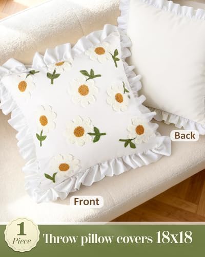 Embroidered Throw Pillow Cover, 18x18 Inch, Ruffle Daisy - Image 4