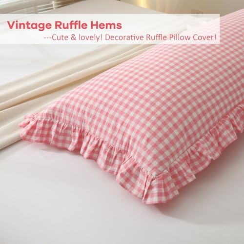 Coral Pink White Plaid Ruffled Gingham Body Pillow Cover, 100% Washed Cotton - Image 4