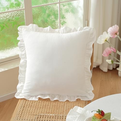 Set of 2 White Ruffle Pillow Covers 18x18 Inch, Solid White Decorative Throw - Image 2