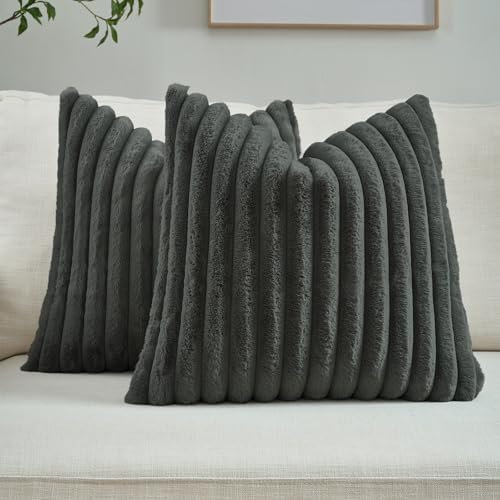 FUTEI Pack of 2 Faux Fur Throw Pillow Covers 20x20 Inch, Dark Grey by FUTEI