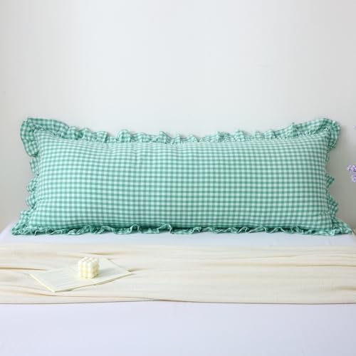 Spa Blue White Gingham Ruffle Body Pillow Cover 20"x54" by KMASANIJI
