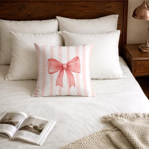 Coral Bow Decorative Throw Pillow 18x18 Inch – Cute Blush Pink Striped Pillow - Image 5