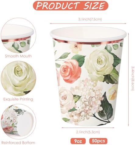 WRAPAHOLIC 50 Pcs Floral Paper Cups - 9 oz Pink Flower Disposable Cups - Image 2
