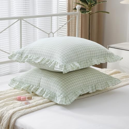 2 Pack Pile Green Gingham Euro Sham Pillow Covers 26''x26'' - Image 3