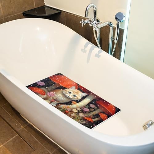 Bathtub Mat Non Slip 26.8x15.1 Inch, Mushrooms Cat Wildflower Shower Mat - Image 5