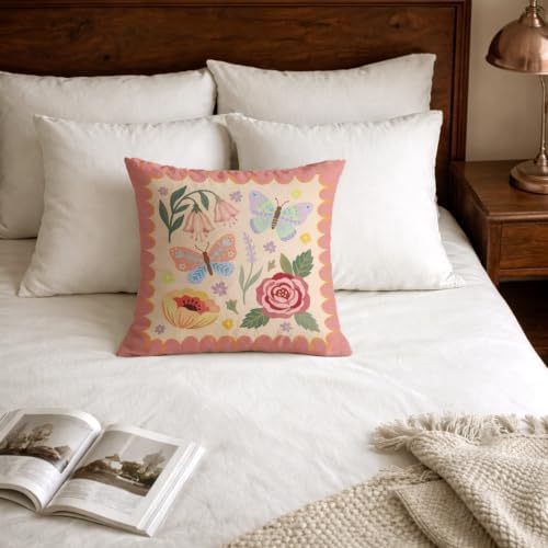 Folk Art Floral Butterfly Pink Pillow Cover 18x18 - Image 5
