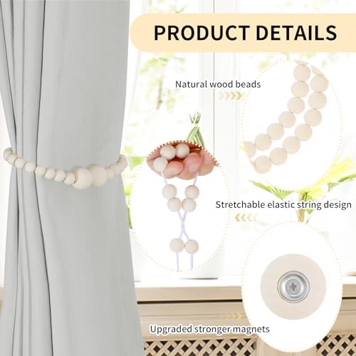 KLOGTSIND Magnetic Curtain Tiebacks, 4 Pack Wood Bead Curtain Holdbacks - Image 5