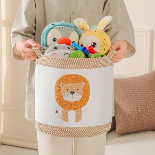 Blanket Baskets Laundry Hamper Lion Nursery Storage Basket, Woven Cotton Rope - Image 3