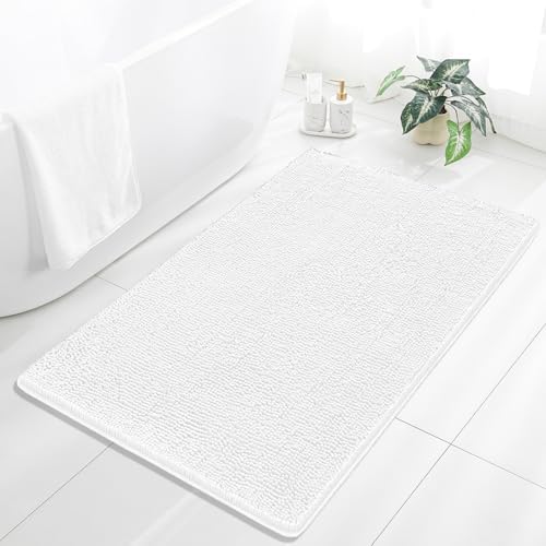 Chenille Bathroom Rug 36"x60" White, Large Plush Bath Mat by Kildoss