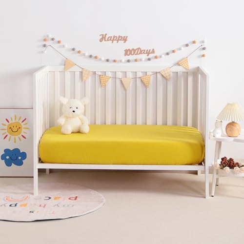 NTBAY Mini Crib Muslin Fitted Sheets, 2 Pack, 24 x 38, Ginger Yellow - Image 2