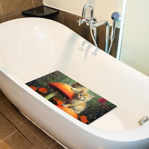 Bathtub Mat Non Slip 26.8x15.1In, Mushrooms Cats Wildflower Bath Mat - Image 5