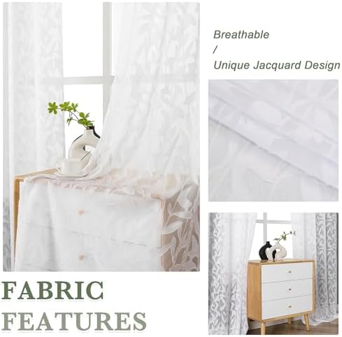 Lecloud Leia White Sheer Curtains 84 Inches Long 2 Panels, Semi Sheer Jacquard - Image 2