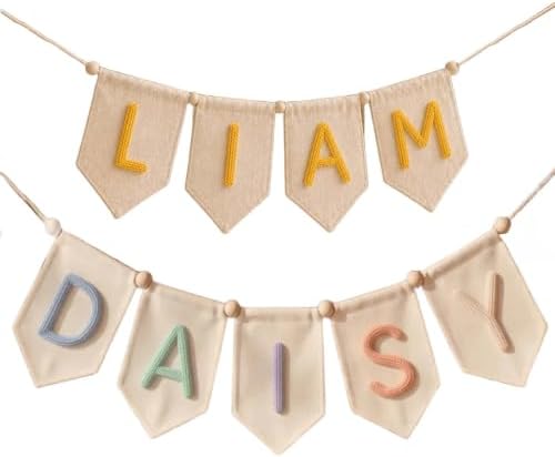 Personalized Felt Baby Name Bunting Banner, Custom Yarn Letter Canvas Banners by Handmade