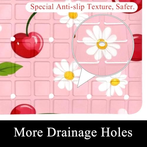 Bathtub Mat Non Slip 26.8x15.1In, Cherry Daisies Bath Mat - Image 2