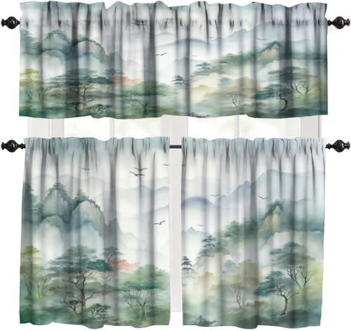 Forest Valance Curtain for Kitchen, Watercolor Style Nature Woodland Green by LOMADIA