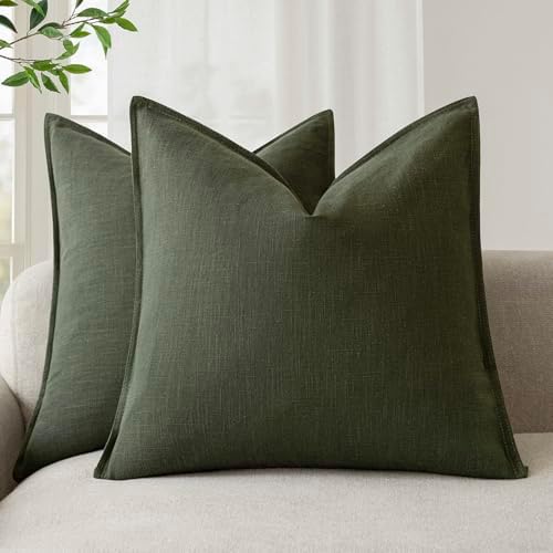 Foindtower Linen Solid Decorative Throw Pillow Cover 22x22 Inch Dark Green by Foindtower
