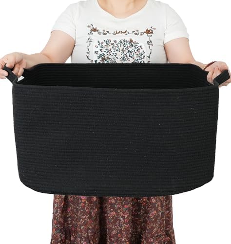 XUANGUO Large Rectangle Woven Cotton Rope Blanket Basket 22"x17"x12" Black by XUANGUO