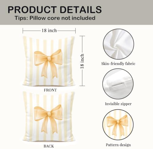 Yellow Bow Decorative Throw Pillow 18x18 Inch – Cute Blush Pink Striped Pillow - Image 2