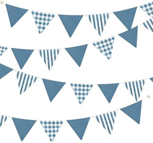 2 Sets Blue Pennant Banner Flags 24Pcs Blue Plaid Striped Garland Linen Fabric by pinkblume