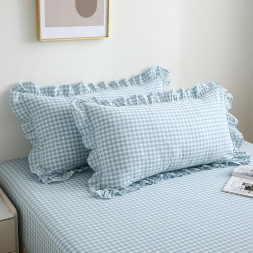 2 Pack Light Blue Gingham Ruffle Standard Pillow Shams 20"x26" - Image 3