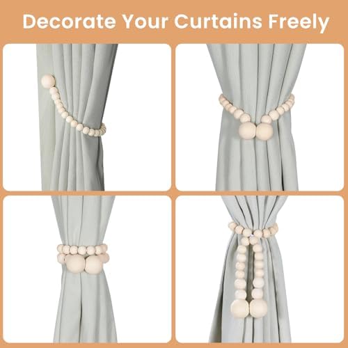KLOGTSIND Magnetic Curtain Tiebacks, 2 Pack Wood Bead Curtain Holdbacks - Image 4