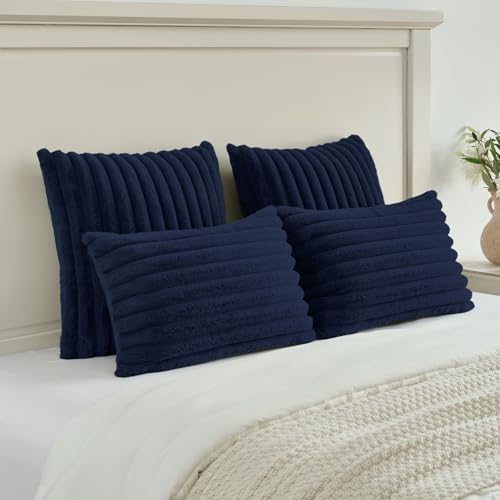 FUTEI Pack of 2 Faux Fur Throw Pillow Covers 12x20 Inch, Dark Navy - Image 5