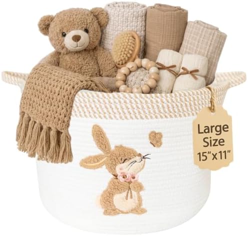 Bunny Baby Storage Basket, Woven Cotton Rope Nursery Bin, 15x11 in by KeminaBlankets