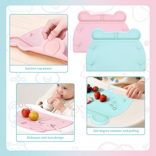 2 Pack Baby Silicone Mat，with Suction Base and 8 Stretchable Straps, Bear Food - Image 6