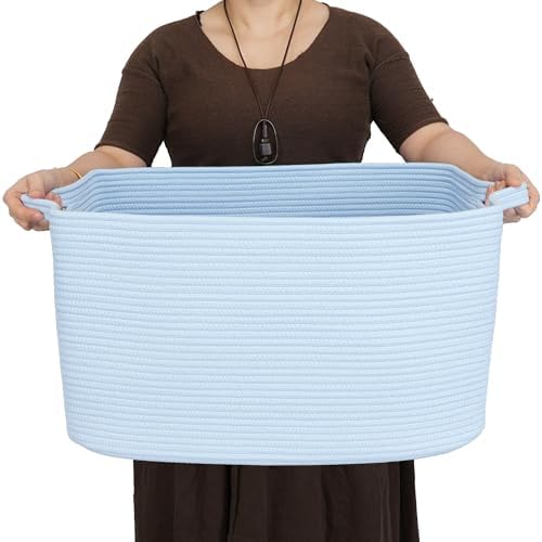 XUANGUO Large Rectangle Woven Cotton Rope Blanket Basket 22"x17"x12" Blue by XUANGUO