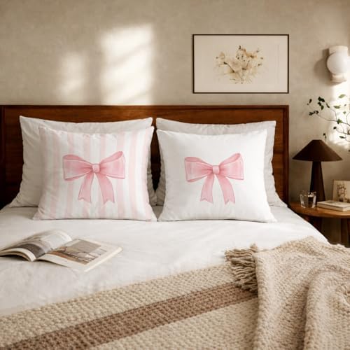 Coquette Pink Bow Striped Pillow Cover 18x18, Girly Ribbon Bow Decorative Throw - Image 5