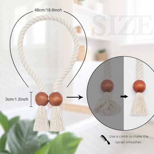NICEEC 4 Pack Wooden Ball Magnetic Curtain Tiebacks Boho Home Decor Drape Tie - Image 4