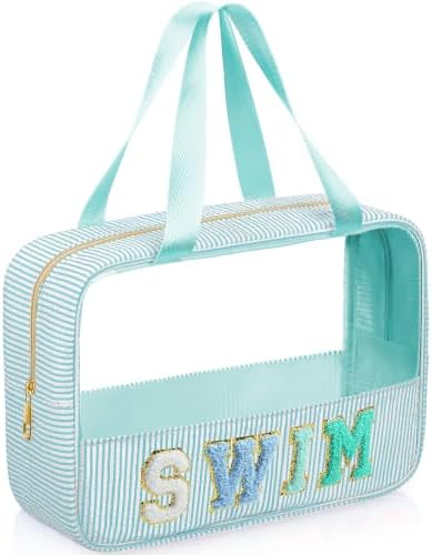 Sanwuta Seersucker Swim Bag Chenille Letter Clear Makeup Bag by Sanwuta