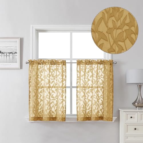 Lecloud Leia Dark Gold Sheer Kitchen Curtains 24 Inch Length 2 Pcs, Jacquard by Lecloud