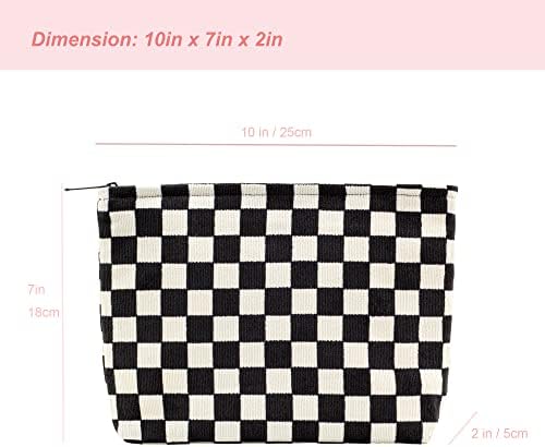 Flat Makeup Bag for Women, Zipper Cosmetic Pouch for Purse, Checkered Black - Image 2