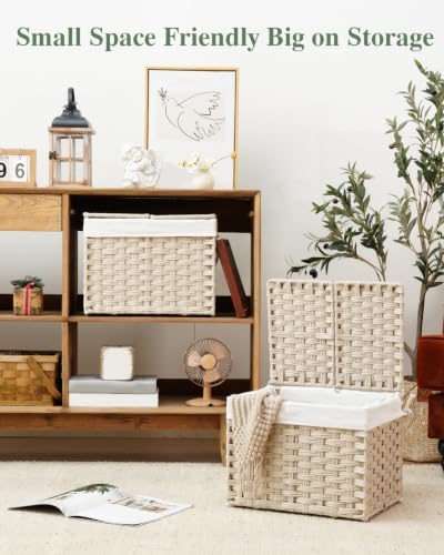 SETVSON Storage Basket with Lid, 2-Lid PE Rattan Storage Bin, Light Khaki - Image 4
