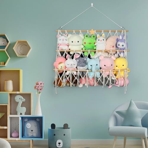 Starry Stuffed Animal Net Hammock Wall Hanging Handmade Boho Macrame Toy - Image 6