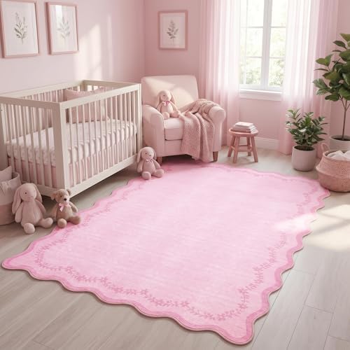 GarveeHome 4x6 Scalloped Washable Area Rug Pink Nursery Kids Bedroom Rug by GarveeHome