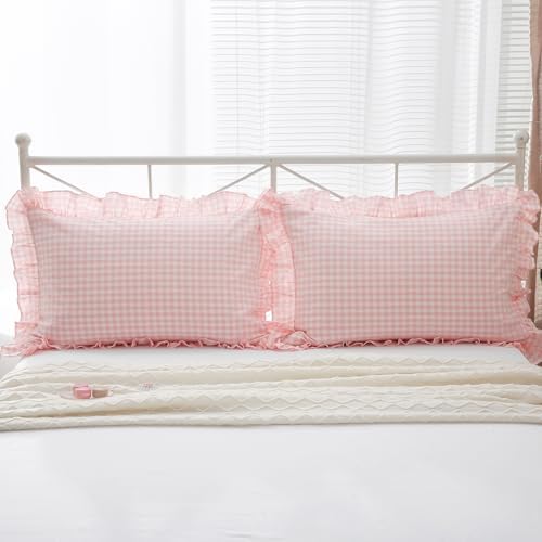 2 Pack Blush White Gingham Ruffle Pillow Shams King Size 20"x36" - Image 2