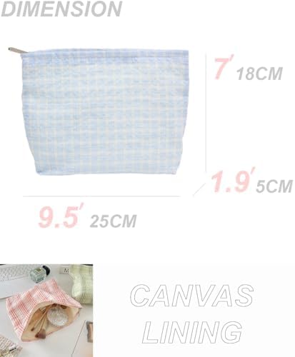 Flat Makeup Bag for Women, Zipper Cosmetic Pouch for Purse, Grid Blue - Image 4