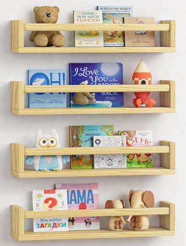 Forbena Natural Wood Nursery Book Shelves Wall Mounted, Floating Bookshelf by Forbena