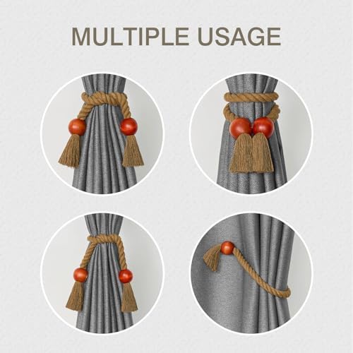 NICEEC 4 Pack Wooden Ball Magnetic Curtain Tiebacks Boho Home Decor Drape Tie - Image 5
