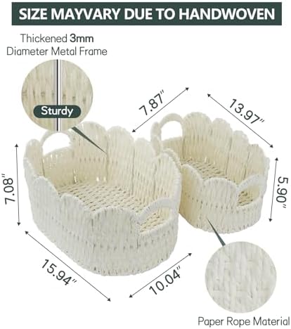 Coeusy Paper Rope Scalloped Basket Set of 2, Hand-woven Storage Baskets - Image 6