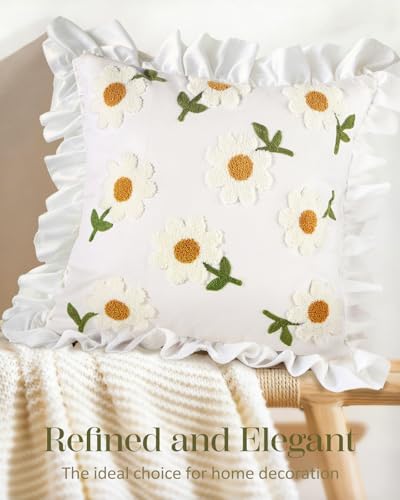 Embroidered Throw Pillow Cover, 18x18 Inch, Ruffle Daisy - Image 5