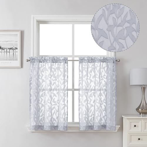 Lecloud Leia 2 PCS Light Grey Sheer Kitchen Curtains 36 Inch Length, Breathable by Lecloud