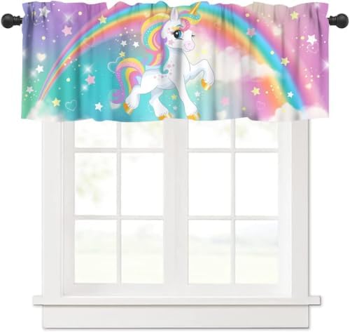 Fantasy Rainbow Unicorn Valance, Abstract Purple Pink Starry Landscape Cartoon by JanJCurt